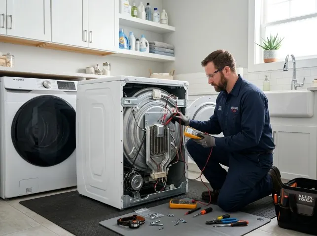 Appliance Repair Hero technician checking a dryer heating element with the rear panel off in Britt, IA
