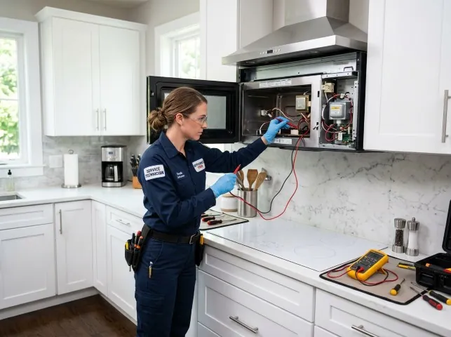 Appliance Repair Hero technician testing an over-the-range microwave in a Britt, IA kitchen