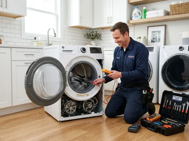 Appliance Repair Hero technician testing a front-load washer with a multimeter on a Britt, IA service call